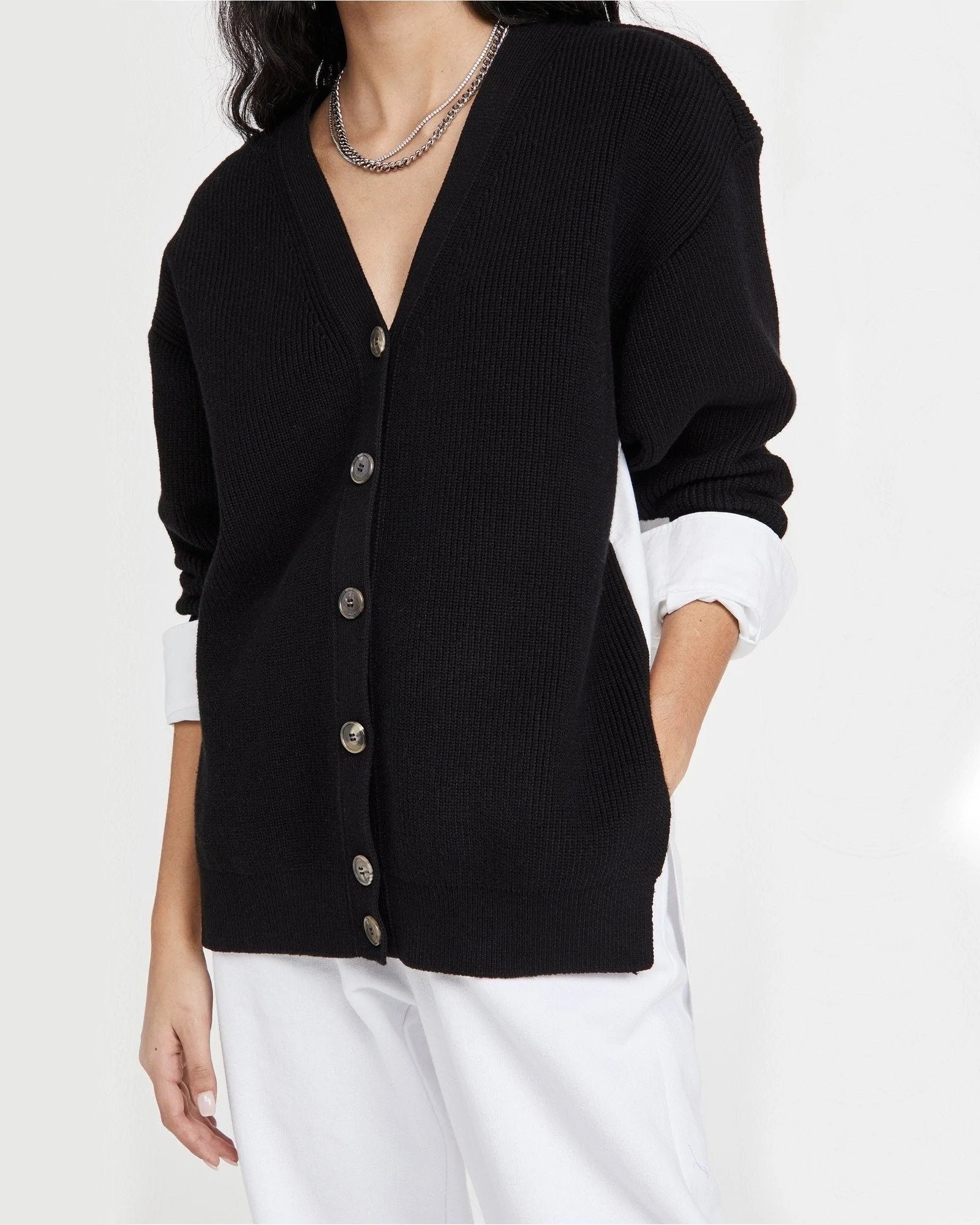 Alexander Wang.t Bi-Layer V Neck Cardigan with Oxford Shirting-20246843