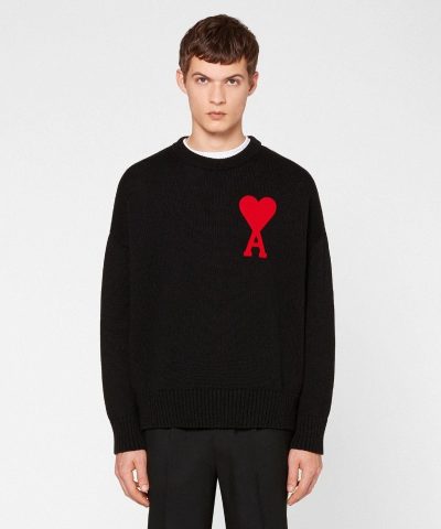 Ami Men's De Coeur Oversize Crewneck Sweater, Black-20259541