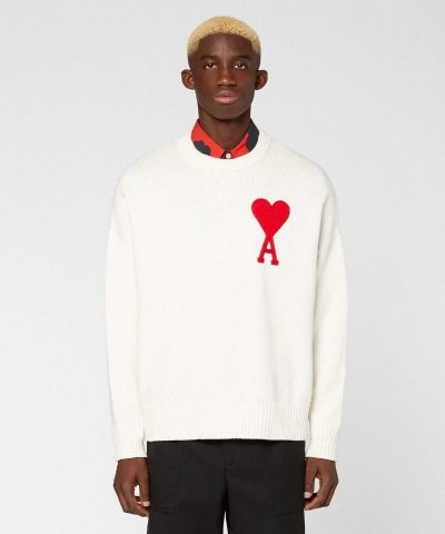 Ami Men's De Coeur Oversize Crewneck Sweater, White-20259522