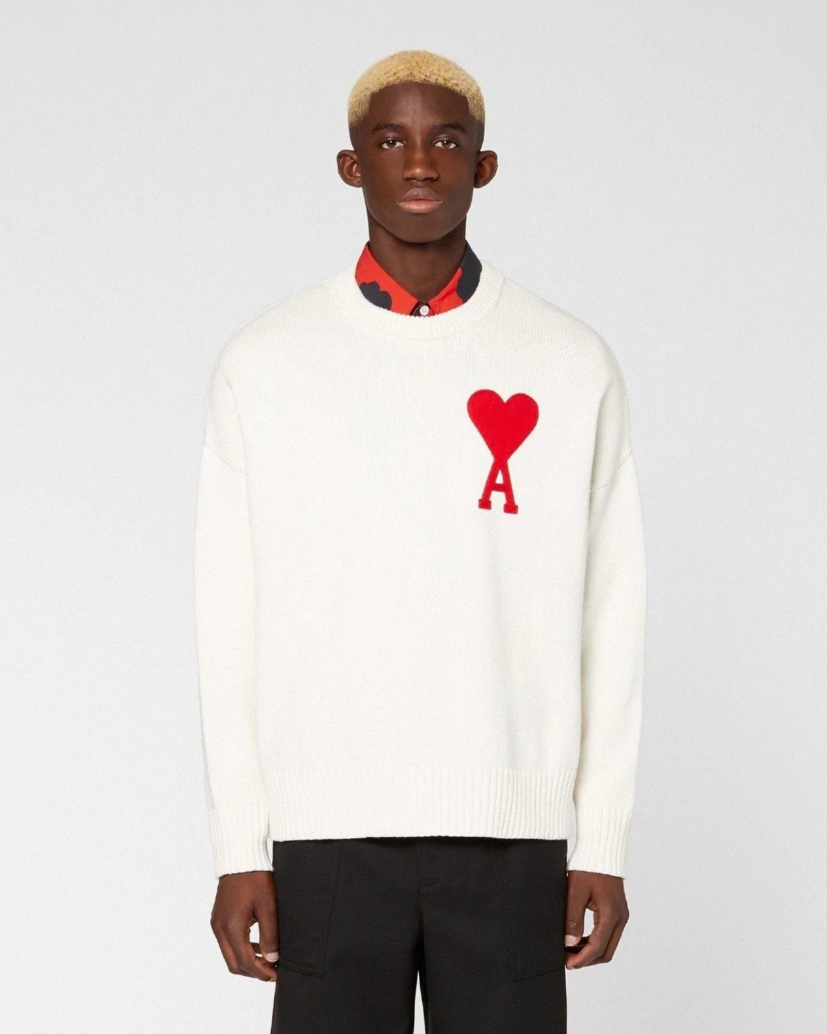 Ami Men's De Coeur Oversize Crewneck Sweater, White-20259518