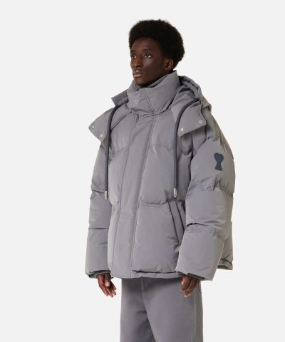 Ami Paris Mens Grey Hooded Down Jacket 1