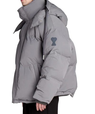 Ami Paris Mens Grey Hooded Down Jacket 3
