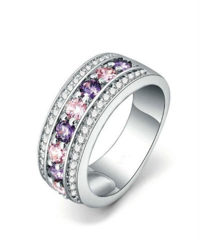 Blaike Round 925 Sterling Silver Purple & Pink Rhinestone Anies Wedding Ring-20274272