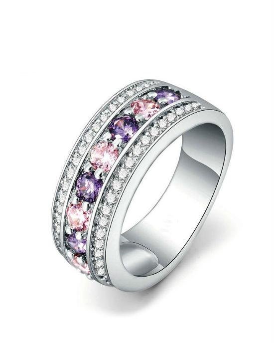 Blaike Round 925 Sterling Silver Purple & Pink Rhinestone Anies Wedding Ring-20274272