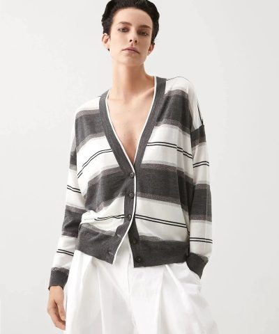 Brunello Cucinelli Cardigan In Cashmere With Sparkling Stripes-20258797
