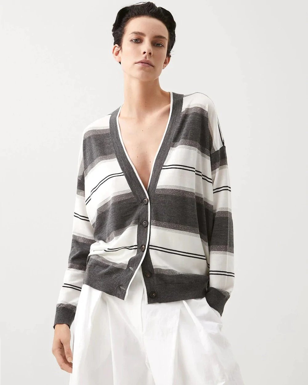 Brunello Cucinelli Cardigan In Cashmere With Sparkling Stripes-20258797