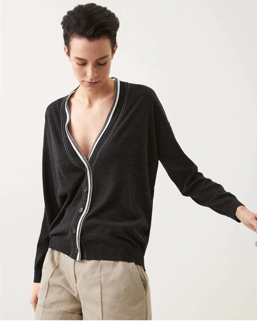 Alternative view of Brunello Cucinelli Cashmere Cardigan With Shiny Contrast Trim