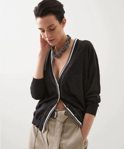 Brunello Cucinelli Cashmere Cardigan With Shiny Contrast Trim-20258786