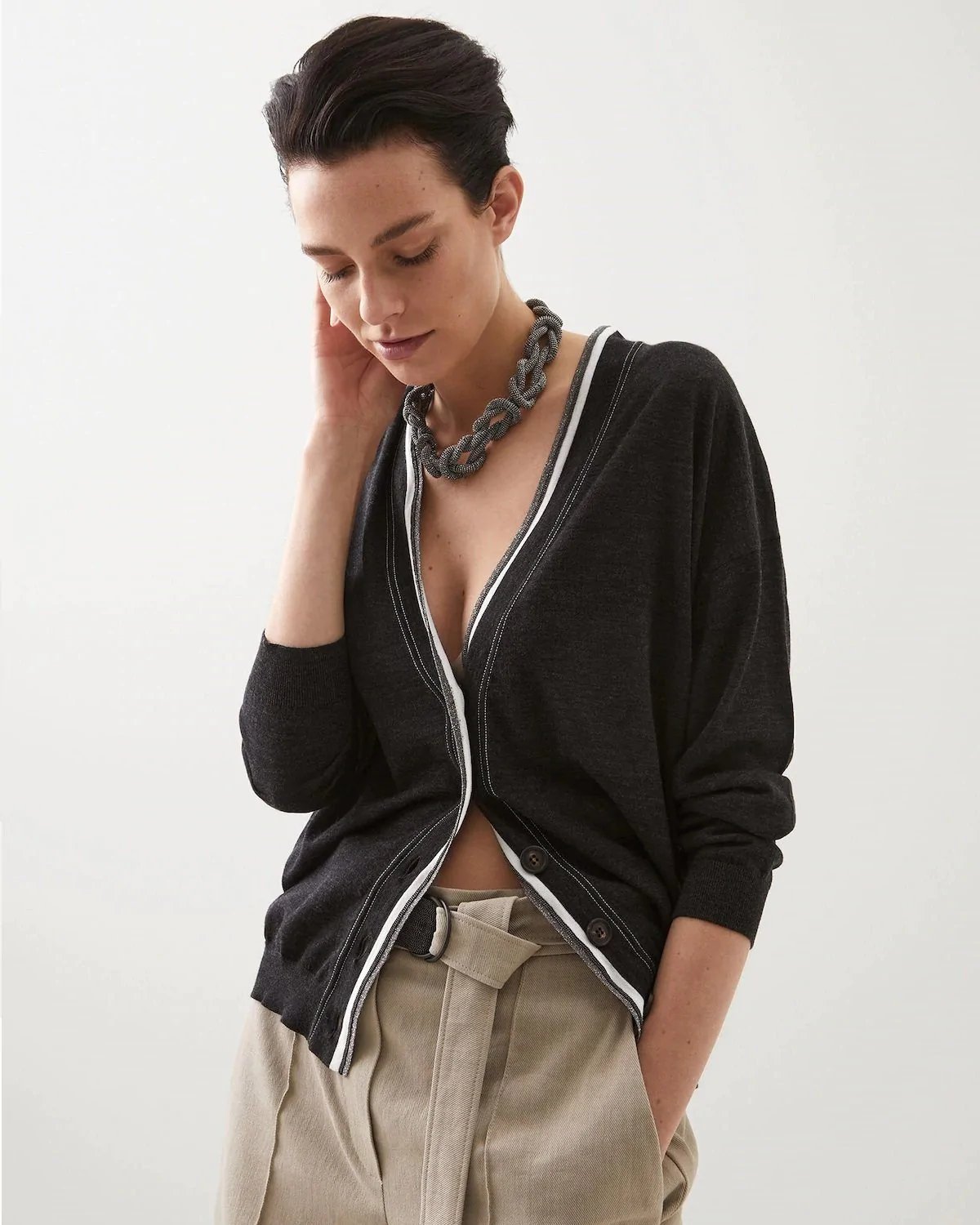 Brunello Cucinelli Cashmere Cardigan With Shiny Contrast Trim-20258786