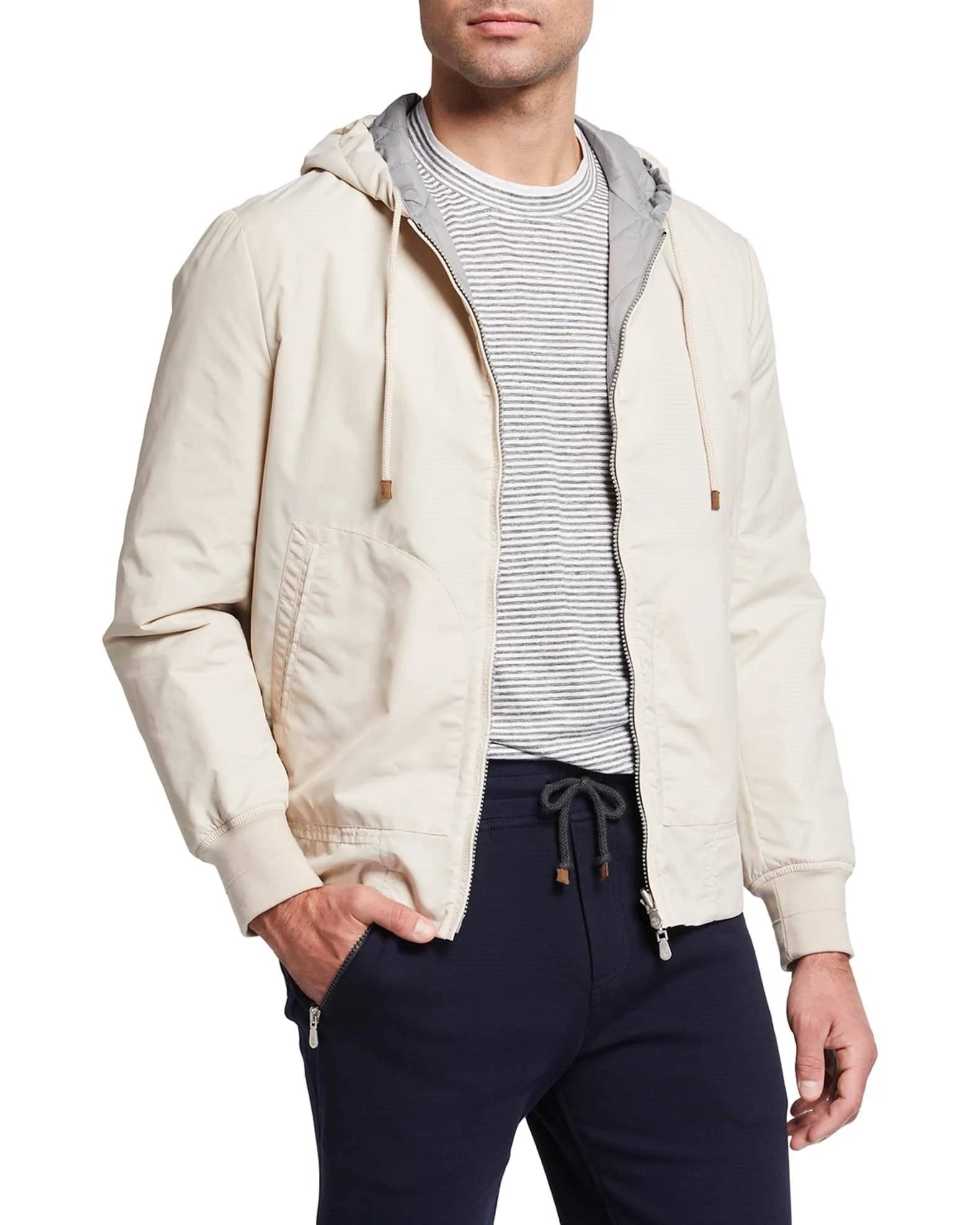 Brunello Cucinelli Men's Beige Reversible Quilted/Flat Bomber Jacket-20246653
