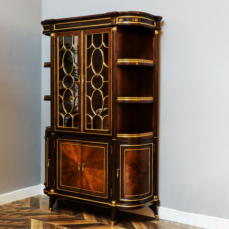 Alternative view of Retro Wooden Bookcase with Glass Doors, LED Lighting, and Brass Accents