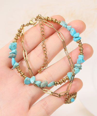 Alternative view of Personalized Two-Layer Stainless Steel Bracelet with Irregular Turquoise Gravel
