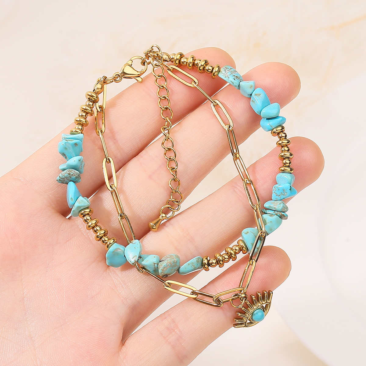 Alternative view of Personalized Two-Layer Stainless Steel Bracelet with Irregular Turquoise Gravel