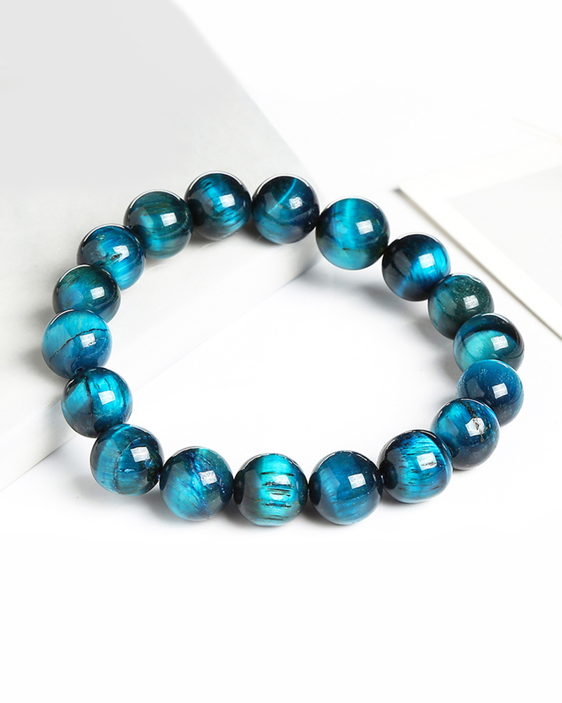 Alternative view of Blue Tiger Eye Buddha Bead Bracelet | Natural Stone Round Beads with Elastic Cord