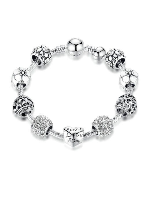 Alternative view of Steffe Antique Silver Charm Bracelet with Love and Flower Beads