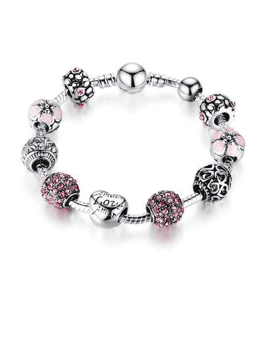 Steffe Antique Silver Charm Bracelet with Love and Flower Beads-20225259