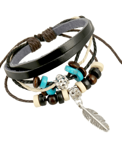 Steffe Charm Silvery Feather Pendant Blue Stone Braided Rope Leather Bracelet-20225073
