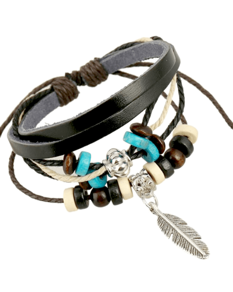 Steffe Charm Silvery Feather Pendant Blue Stone Braided Rope Leather Bracelet-20225073