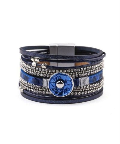Alternative view of Steffe Leather Blue Enamel Metal Charm Female Multilayer Wrap Wide Bracelets