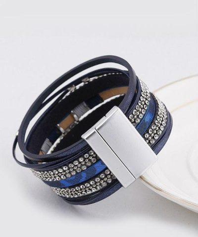 Steffe Leather Blue Enamel Metal Charm Female Multilayer Wrap Wide Bracelets - Image 3