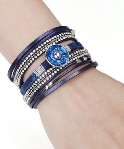 Steffe Leather Blue Enamel Metal Charm Female Multilayer Wrap Wide Bracelets - Image 4