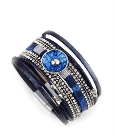 Steffe Leather Blue Enamel Metal Charm Female Multilayer Wrap Wide Bracelets-20225158