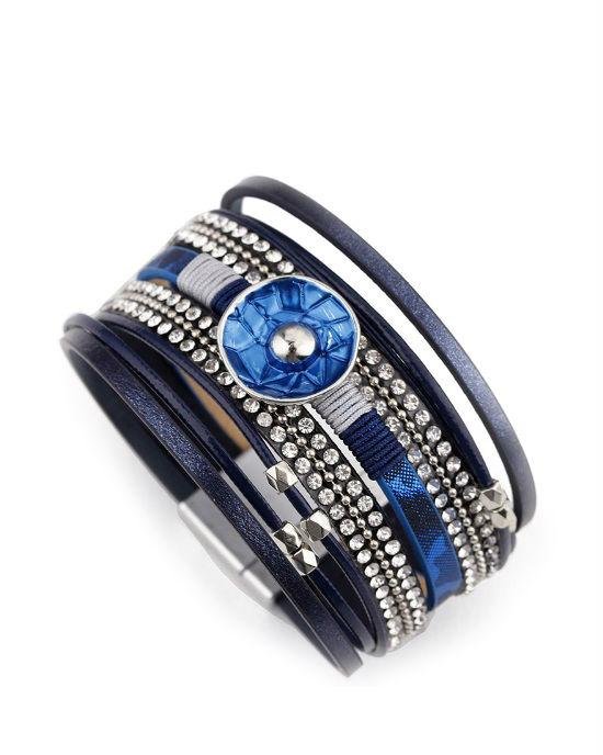 Steffe Leather Blue Enamel Metal Charm Female Multilayer Wrap Wide Bracelets-20225158