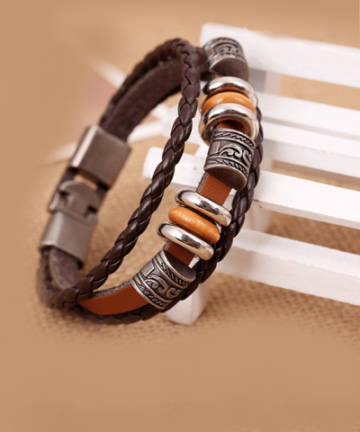 Steffe Men's Handmade Retro Genuine Leather Woven Charm Bracelet - Image 3