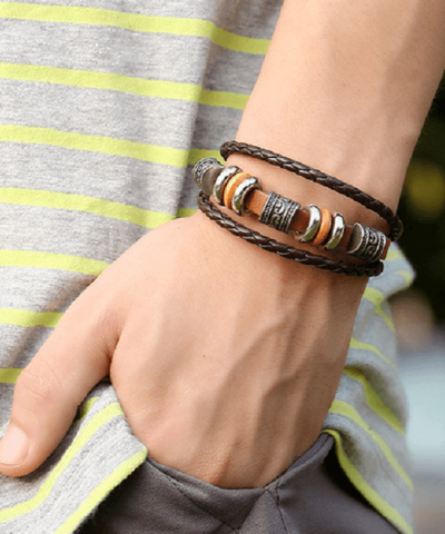Steffe Men's Handmade Retro Genuine Leather Woven Charm Bracelet - Image 4