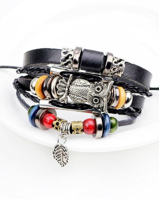 Alternative view of Steffe Punk Vintage Rope Handmade Bead Owl Leather Bracelets