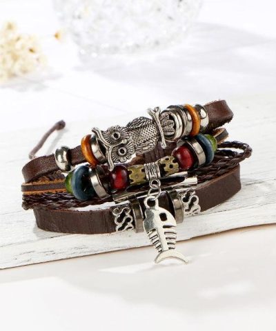 Steffe Punk Vintage Rope Handmade Bead Owl Leather Bracelets 1