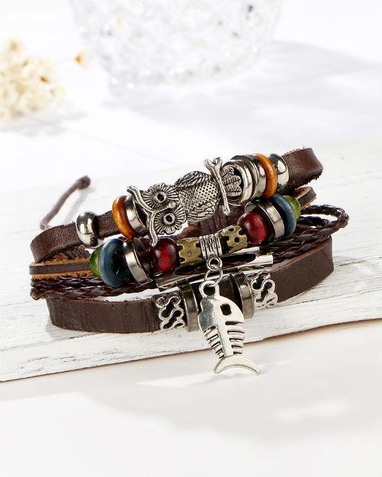 Alternative view of Steffe Punk Vintage Rope Handmade Bead Owl Leather Bracelets