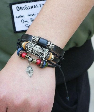 Steffe Punk Vintage Rope Handmade Bead Owl Leather Bracelets 2 1