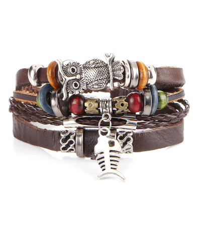 Steffe Punk Vintage Rope Handmade Bead Owl Leather Bracelets-20225064