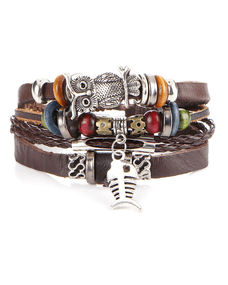 Steffe Punk Vintage Rope Handmade Bead Owl Leather Bracelets-20225064