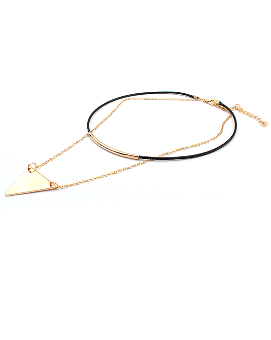 Steffe Triangle Pendant Double chains leather simple choker necklace-20225053