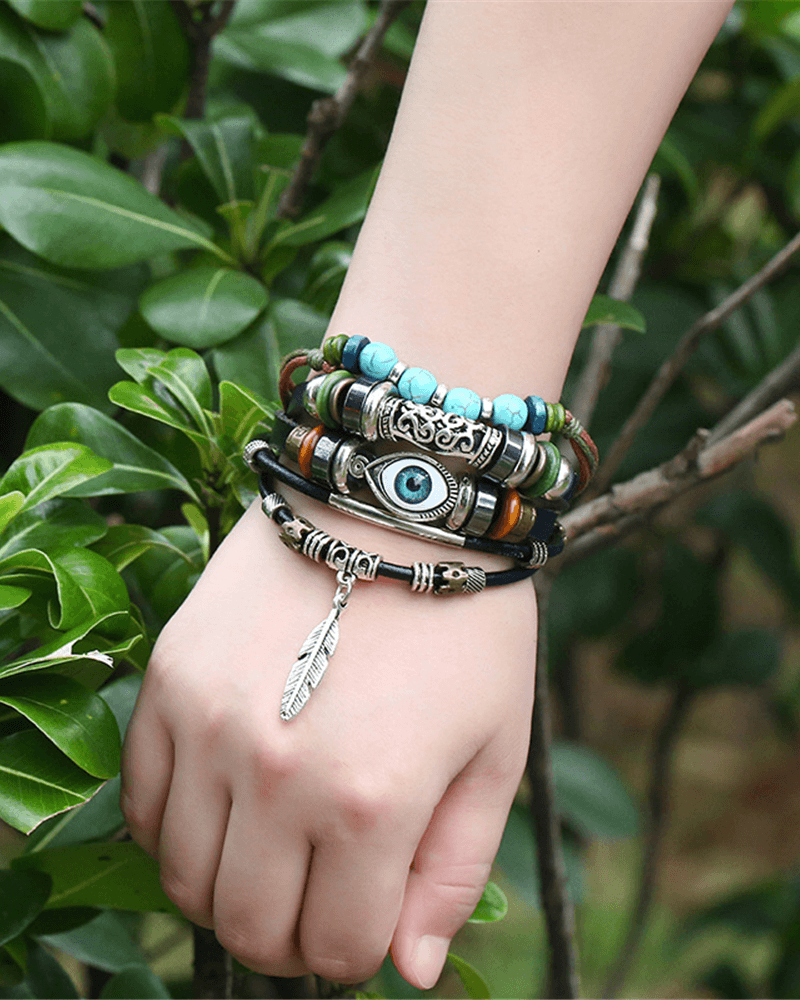 Alternative view of Steffe Unisex Bohemian Multilayers Glass Leather Bracelets