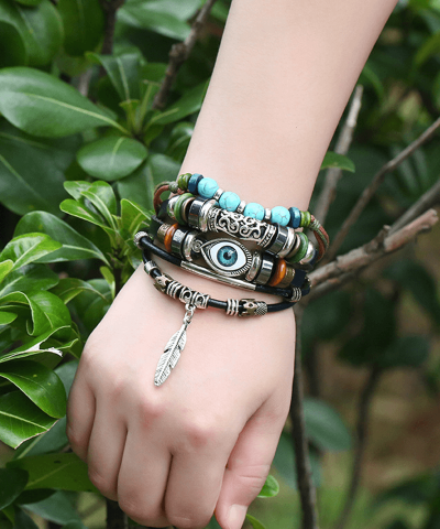 Alternative view of Steffe Unisex Bohemian Multilayers Turkish Eye Leather Bracelets