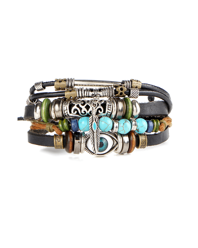 Steffe Unisex Bohemian Multilayers Turkish Eye Leather Bracelets-20225085