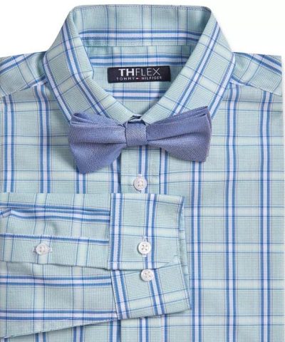 Tommy Hilfiger Big Boys 2-Pc. Stretch Plaid Dress Shirt & Blue Burlap Bow Tie Set - Image 3