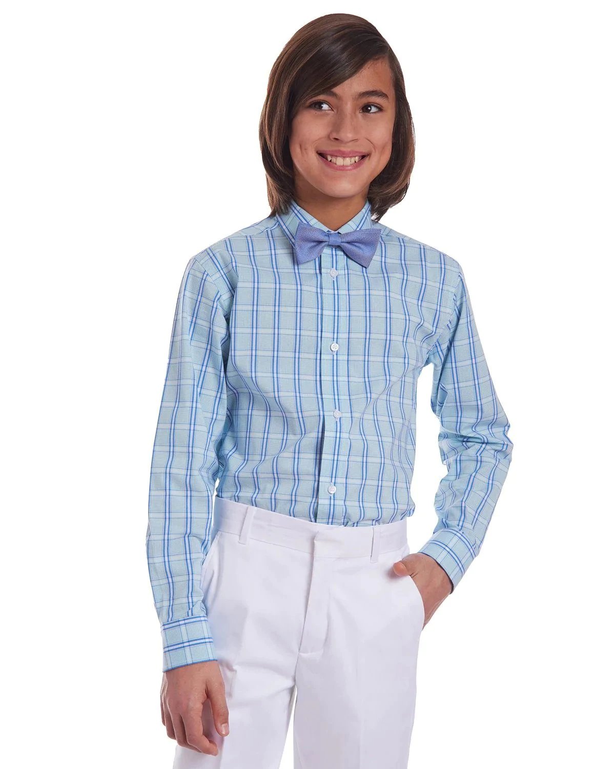 Tommy Hilfiger Big Boys 2-Pc. Stretch Plaid Dress Shirt & Blue Burlap Bow Tie Set-20248939