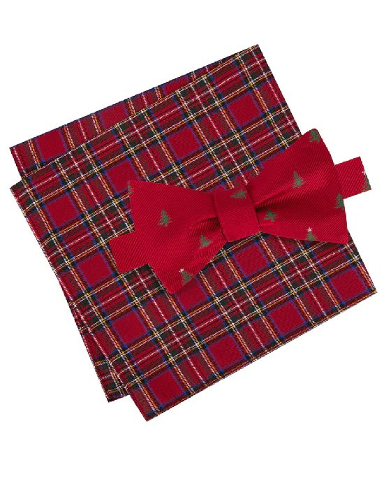 Tommy Hilfiger Men's Tree Print Bow Tie & Royal Stewart Tartan Pocket Square Set-20228597
