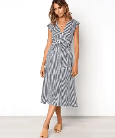 Womens V Neck Sleeveless Button Striped Long Dresses 2