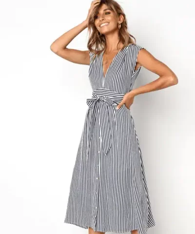 Women's V Neck Sleeveless Button Striped Long Dresses-20277062
