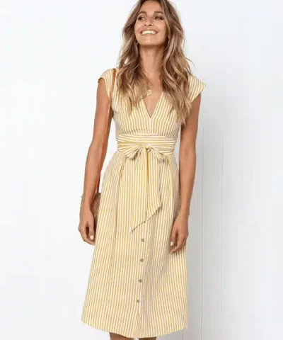 Women's V Neck Sleeveless Button Striped Long Dresses-20277066
