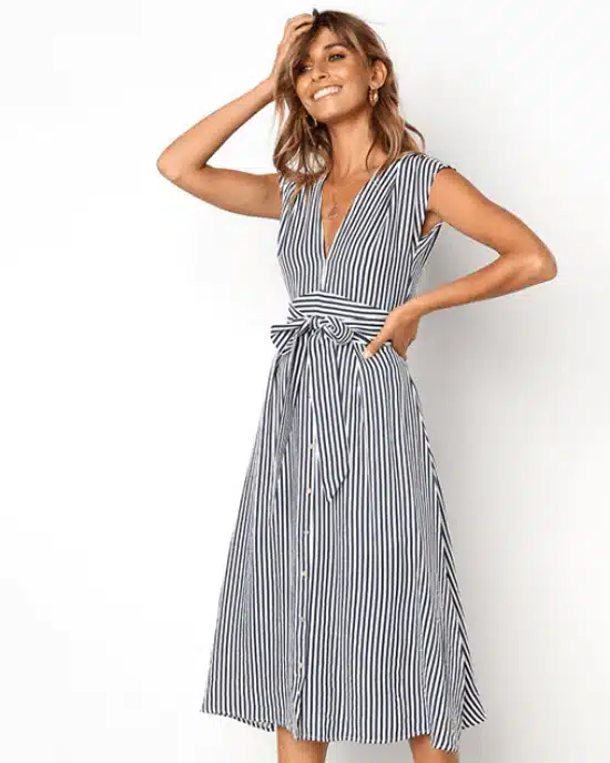 Women's V Neck Sleeveless Button Striped Long Dresses-20277062