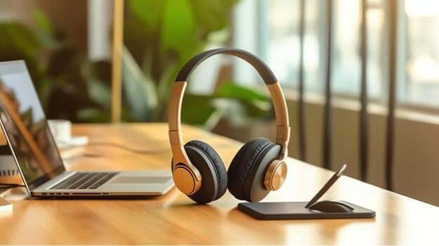 music or podcast background with electronic devices headphones coffee and laptop on office desk concept by ai generated free photo