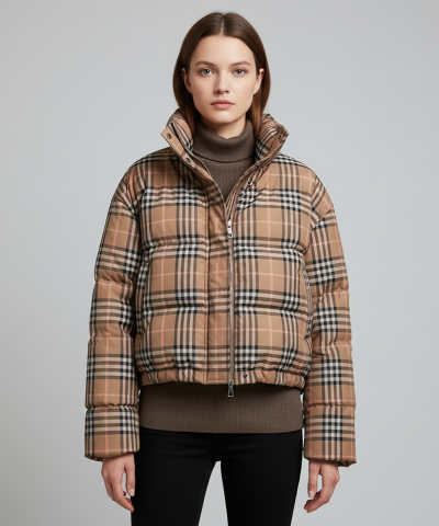 Women's Vintage-Inspired Plaid Puffer Jacket - 80% Duck Down, Weather-Resistant, Short Length