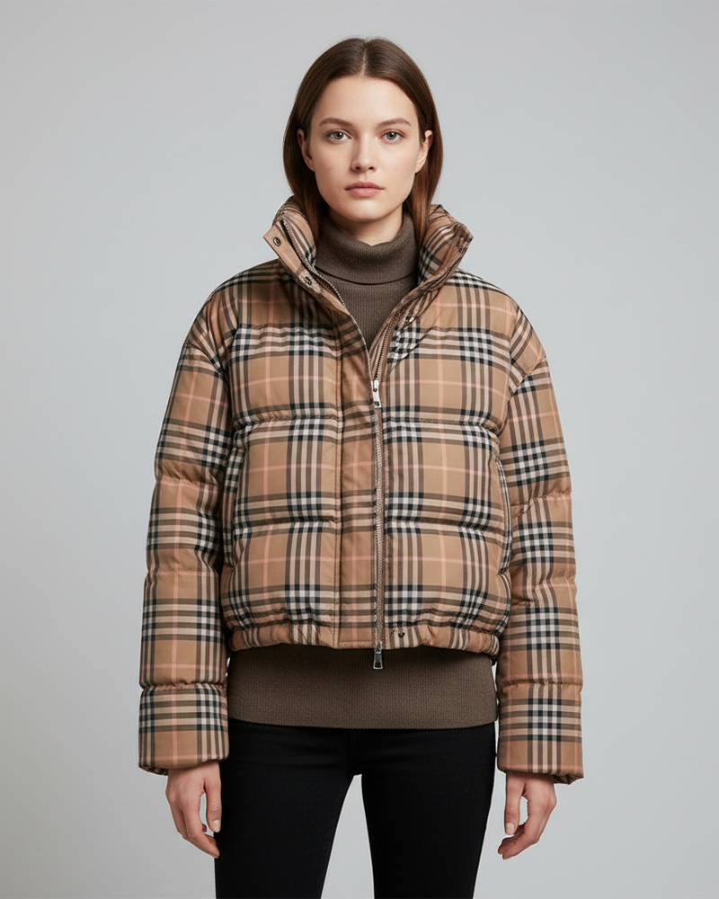 Women's Vintage-Inspired Plaid Puffer Jacket - 80% Duck Down, Weather-Resistant, Short Length