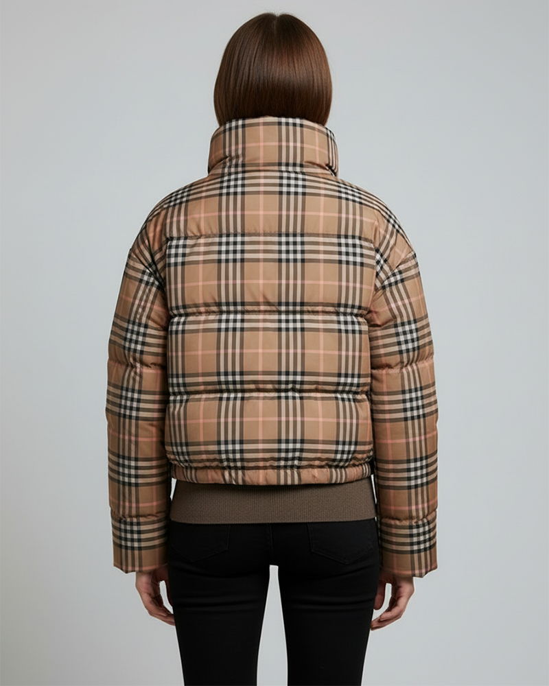 Alternative view of Women's Vintage-Inspired Plaid Puffer Jacket - 80% Duck Down, Weather-Resistant, Short Length